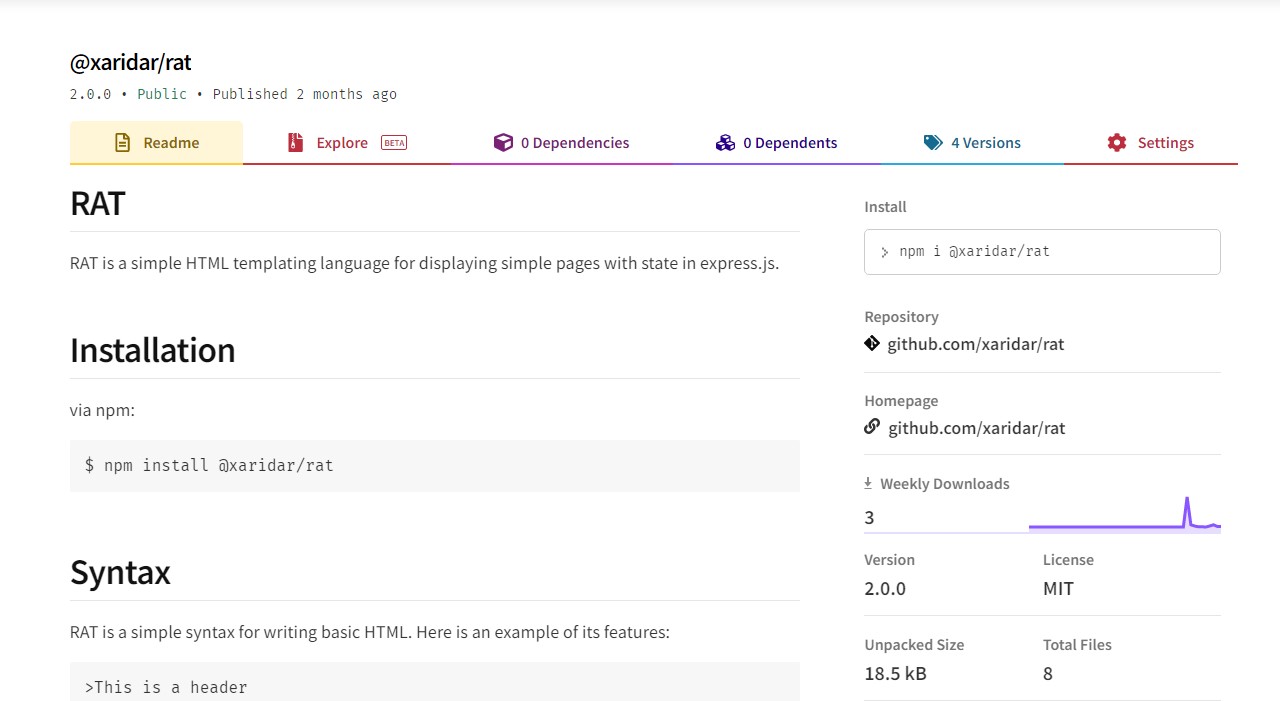 Screenshot of the homepage of RAT on npmjs.com, showcasing the project's deployment and README.